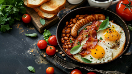 English Breakfast in cooking pan with fried eggs, sausages and bacon