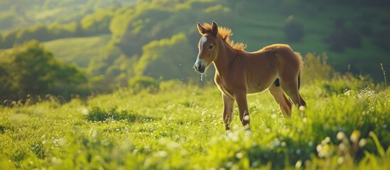 Baby horse urinating on green field.