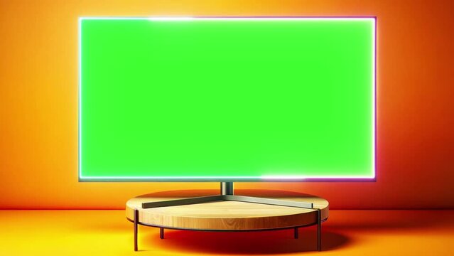 TV with a green screen on an orange background - chromakey. A neon beam moves along the frame of the TV.