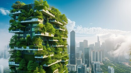 Urban eco-friendly building adorned with vibrant green plants, featuring sustainable green rooftops and balconies lush with vegetation.
