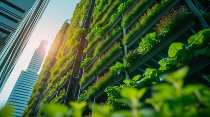 Vertical farming setup showcasing lush green plants growing in a soil-less hydroponic system with nutrient-rich water, under artificial LED lighting, representing sustainable agriculture technology.