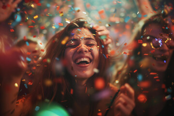 group of friends enjoying the party. Festive atmosphere. Blurred Confetti background