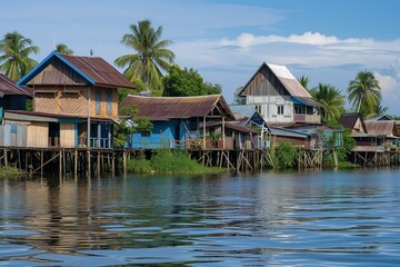 Fototapeta na wymiar village houses on stilts by the waters edge