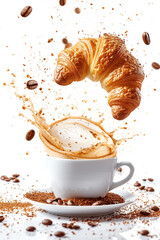 Flying croissant and cup of coffee isolated on a white background