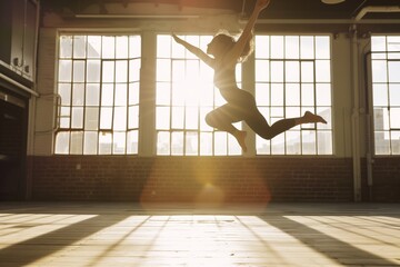 Fototapeta na wymiar woman leaping gracefully across sunlit studio