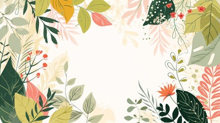 An illustration of abstract spring elements like leaves and floral patterns swirling around the edges, encircling an open area for greetings 