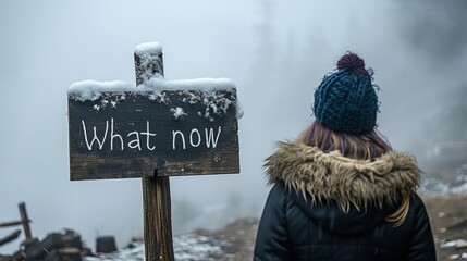 Pensive woman at crossroad, deeply contemplating with  what should i do now  sign