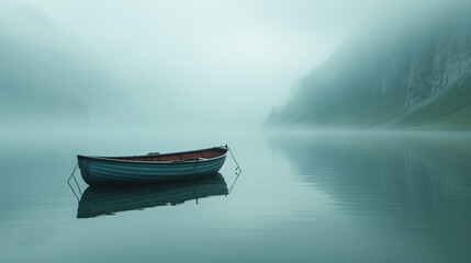 Foggy calm chill landscape with boat on a lake