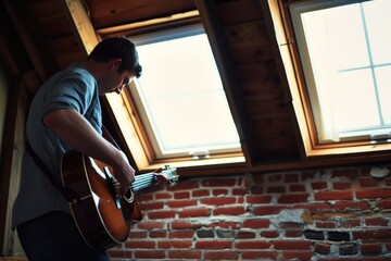man tuning guitar, brick wall and dormer windows