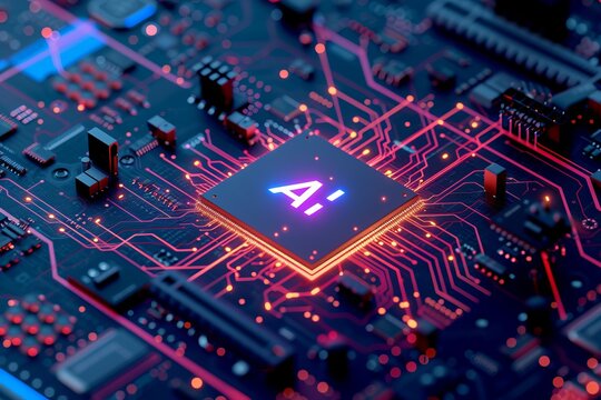 Interactive ai security elements shining on cpu and motherboard with holographic technology