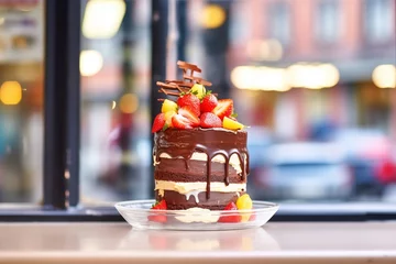 Gordijnen twotiered chocolate cake with fresh strawberries in bakery window © studioworkstock