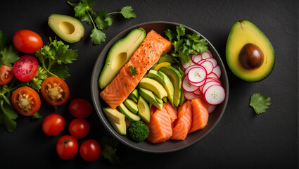 healthy breakfast of red fish, avocado, tomato, radish in a dark plate on a dark background. the concept of proper nutrition. diet, vegetarianism