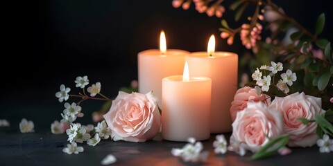 burning candles and pink rose flowers on black background