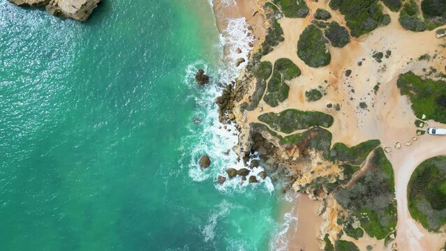 Praia dos Arrifes, a small lagoon beach on the coastline of Algarve, Portugal filmed with 4K drone.