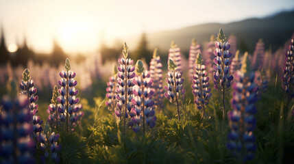 Lupine meadow bathed in soft morning light.