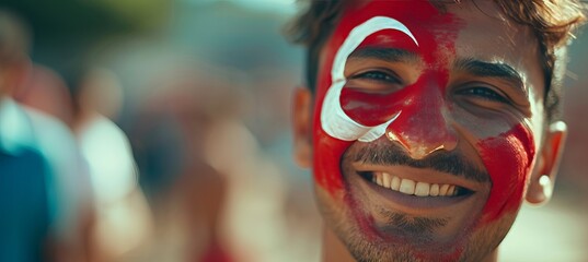Fototapeta premium Excited man with turkey flag face paint at football stadium, blurry background with copy space