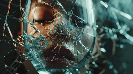 "Shattered Reflection: Person's Image in Broken Wine Glass, Ultra Realistic 8K - Digital Camera Prime Lens Capture"