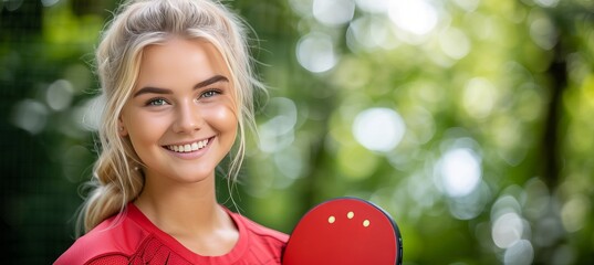 Active young woman playing pickleball on a court with space for text, pickleball game concept - obrazy, fototapety, plakaty