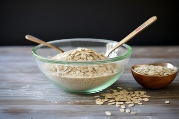 raw oats in a transparent bowl with a spoon