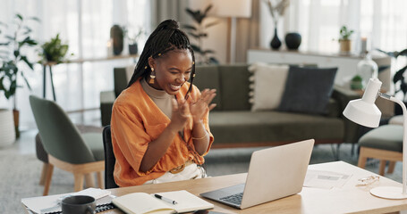 Black woman, success in home office and celebration at laptop for remote work, social media or excited blog. Happy girl at desk with computer for winning email, achievement and good news in freelance