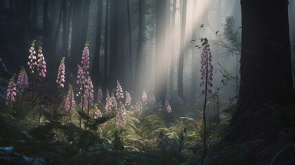 woodland scene featuring Foxglove in a magical forest setting. 