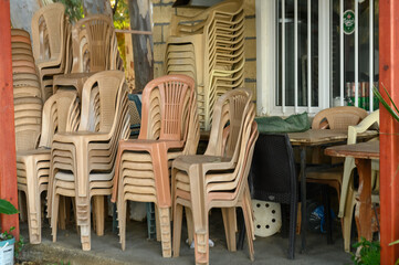 plastic chairs in a restaurant in Cyprus in winter 1