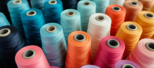 Colorful cotton threads on textile fabric, showcasing tailoring and craftsmanship