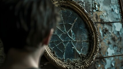 "Vintage Reflections: Person Gazing into Cracked Mirror, Ultra Realistic 8K - DSLR Portrait Lens Capture"