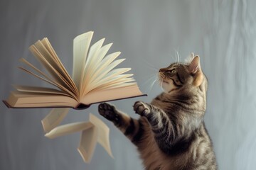 cat leaping up, pawing at a low flying book with open pages