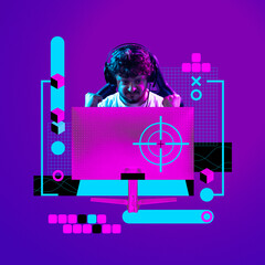 Concentrated male gamer in headphones looking at monitor with winning expression against neon gradient background. Gamer winning online tournament. Concept of gaming culture, online gaming, streaming