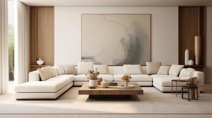 Fototapeta na wymiar A minimalist luxury living room features a serene color palette, contemporary art, and sleek, uncluttered design