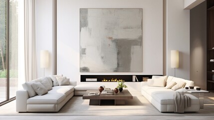 A minimalist luxury living room features a serene color palette, contemporary art, and sleek, uncluttered design