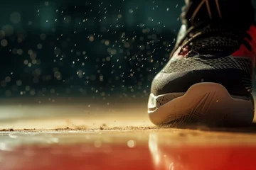 Zelfklevend Fotobehang closeup on sneaker grip, dusty court floor © studioworkstock