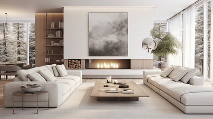 A minimalist luxury living room emphasizes simplicity and open space, with clean lines, neutral colors, and contemporary furniture - obrazy, fototapety, plakaty
