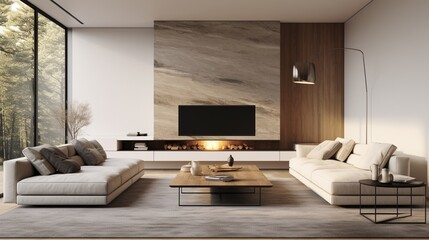 Obraz na płótnie Canvas A minimalist luxury living room emphasizes simplicity and open space, with clean lines, neutral colors, and contemporary furniture