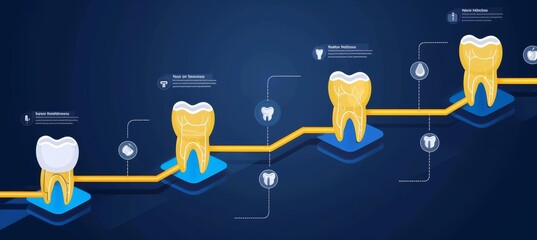 Illustrated infographic of tooth implant procedure stages with space for caption at the bottom - obrazy, fototapety, plakaty