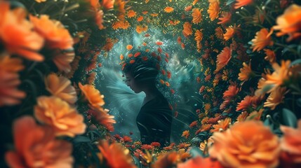 "Nature's Embrace: Person Fading into Swirl of Flowers, Ultra Realistic 8K - Digital Camera Prime Lens Capture"