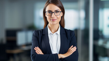 Smiling young business woman posing with arm crossed on the background of a bright office.