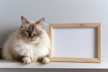 ragdoll cat with a mini wooden frame, blank, on a shelf