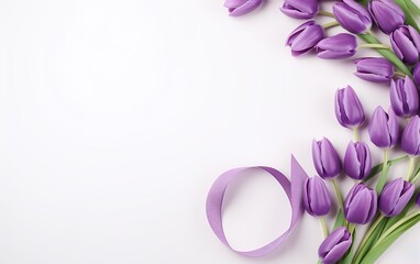 Figure 8 made of violet ribbon and tulip flowers on white background
