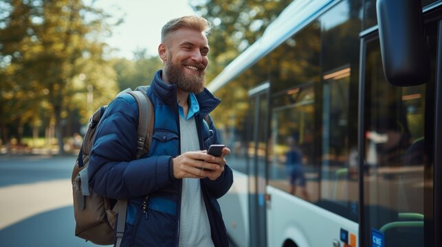 Smiling bearded man using smartphone while waiting at bus station in urban city environment