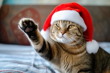 cat in a santa hat with paw up as if waving for christmas card