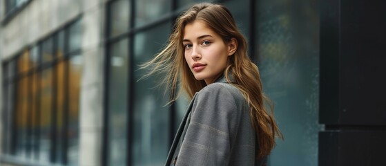 Fototapeta premium A woman wearing a grey blazer looking at the camera. Blonde businesswoman in front of a mirrored office. Blur background, successful woman, long hair woman. Created with Generative AI.