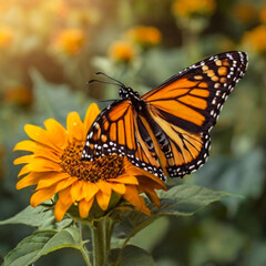 monarch butterfly on flower. Image of a butterfly Monarch on sunflower with blurry background. Nature stock image of a closeup insect. Most beautiful imaging of a wings butterfly on flowers.