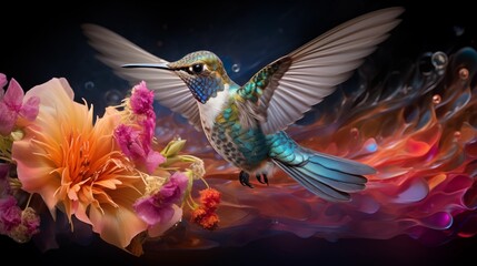 Fototapeta premium Hummingbird Hovering Over Delicate Blossoms