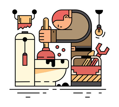 recommend clip art: Plumbing service company. Plumber man is repairing toilet bowl using plunger and cleaning clogged sewer pipes in the outline drawing concept. PNG Illustration.