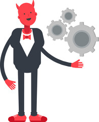Devil Character Holding Gears
