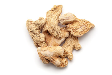 Top-down view of Dry Organic Ginger root (Zingiber officinale) or sonth, isolated on a white...