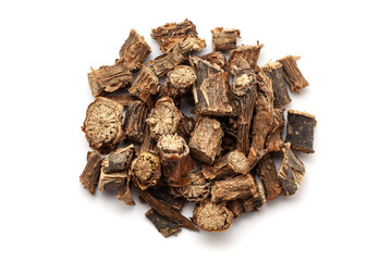 A pile of Dry Organic Gulvel or Giloy (Tinospora cordifolia) herbs (Heart-leaved moonseed, guduchi,...