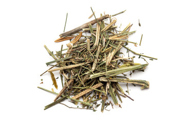 A pile of Dry Organic Kalmegh (Andrographis paniculata) or Green chiretta isolated on a white...